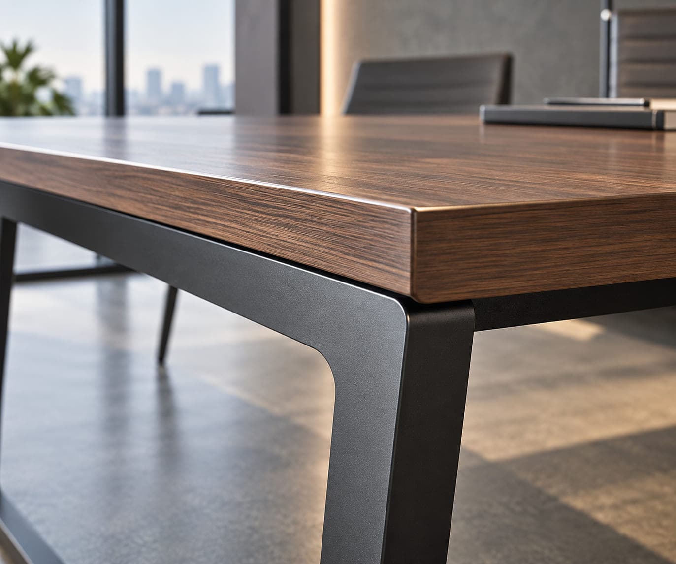 Walnut table top meeting its powder-coated steel leg, photographed close