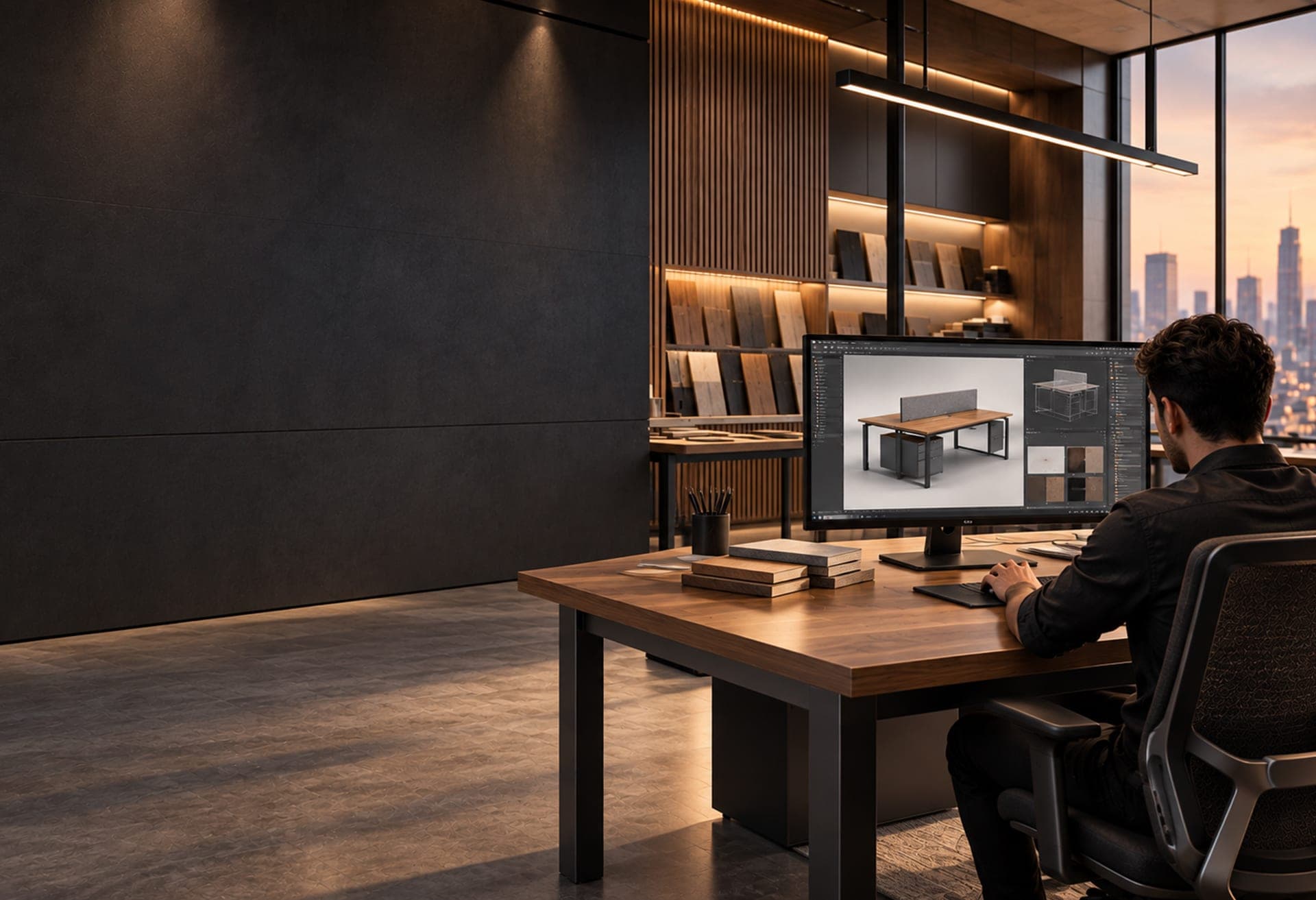 A Steadkraft designer modelling a workstation on screen at a walnut desk, the city beyond the window at dusk