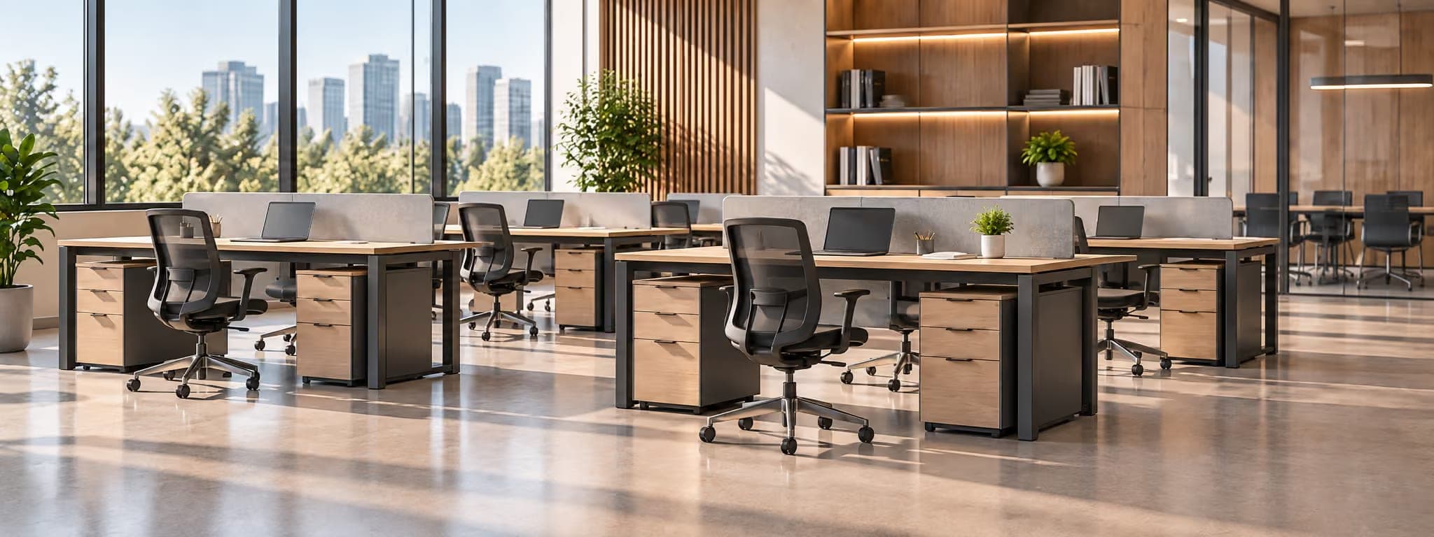 Open-plan office fitted out with desks, pedestals and task chairs, a glazed meeting room beyond