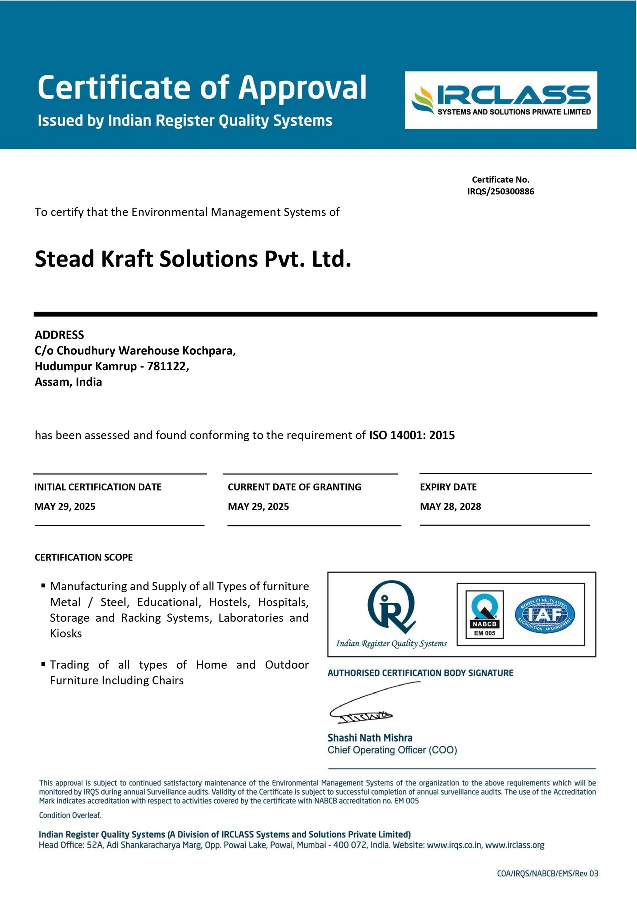 ISO 14001:2015 certificate issued to Stead Kraft Solutions Private Limited by IRCLASS