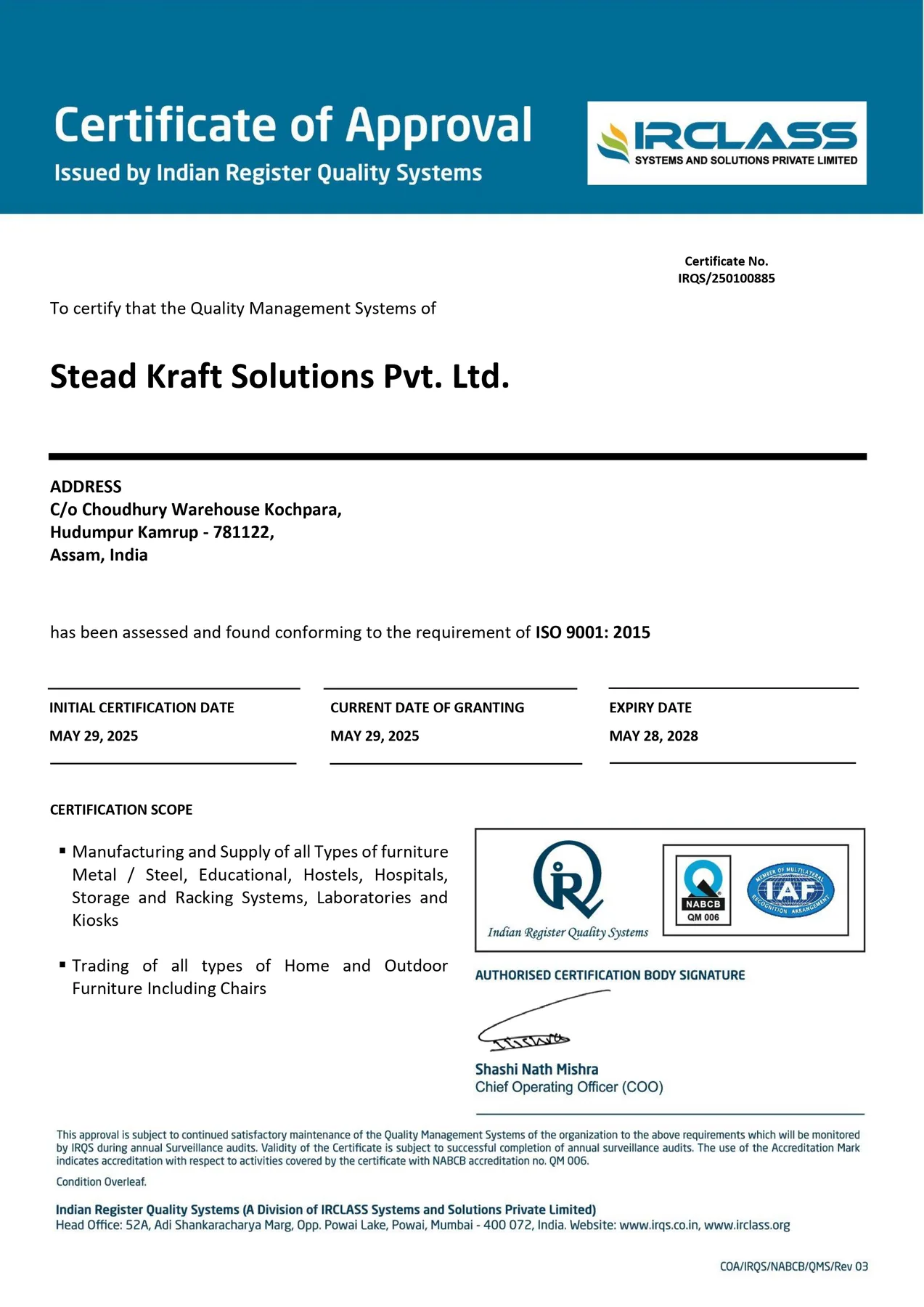 ISO 9001:2015 certificate issued to Stead Kraft Solutions Private Limited by IRCLASS