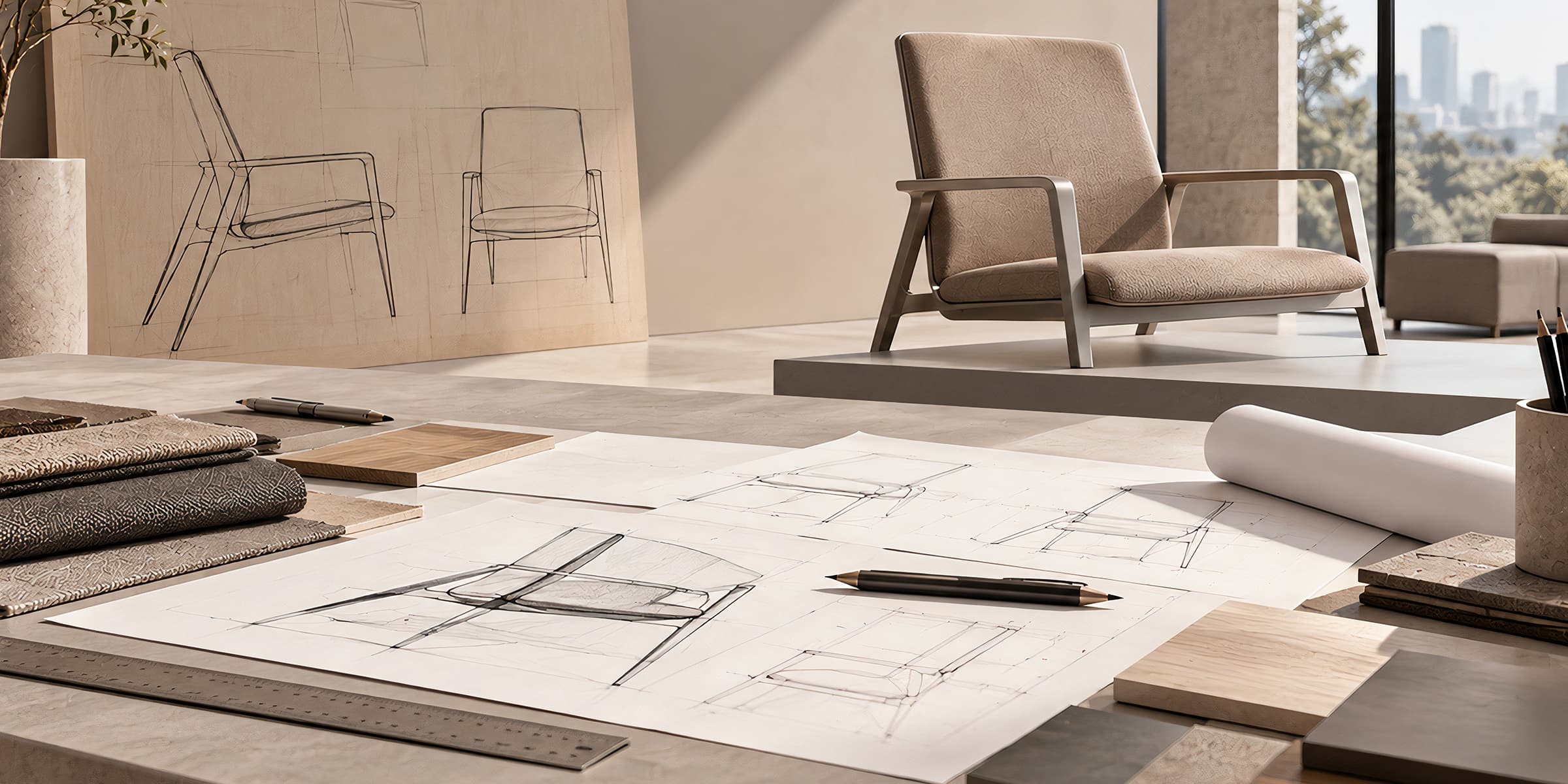 Chair sketches and material samples on a studio table, with the finished armchair on a plinth beyond